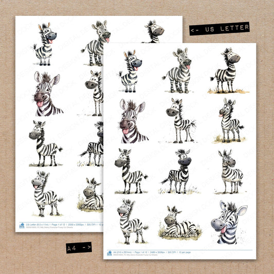 A4 and US Letter format comparison showing Silly Zebra Character fussy cut pages for print and cut crafting
