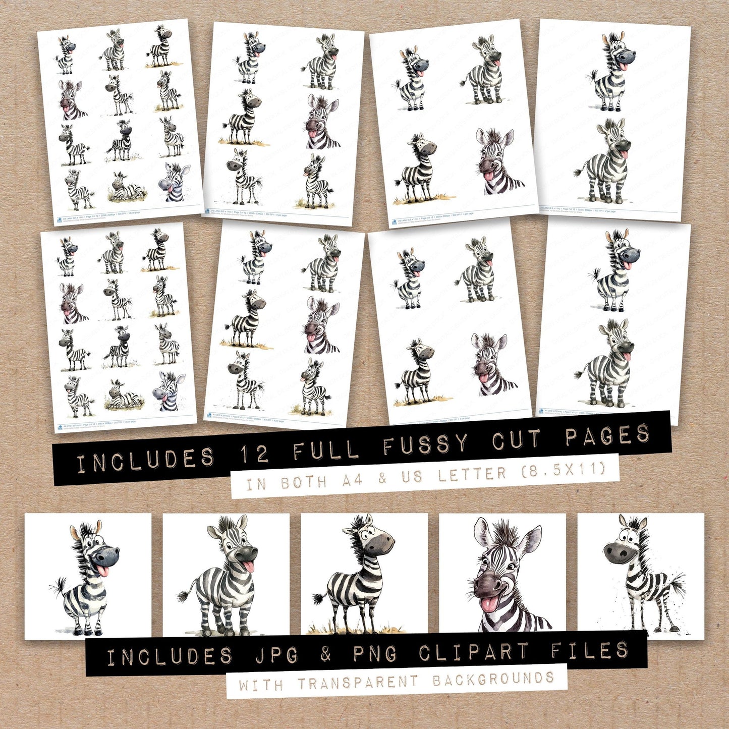 Full collection view of Silly Zebra Character fussy cut sheets with bonus clipart JPG and PNG files