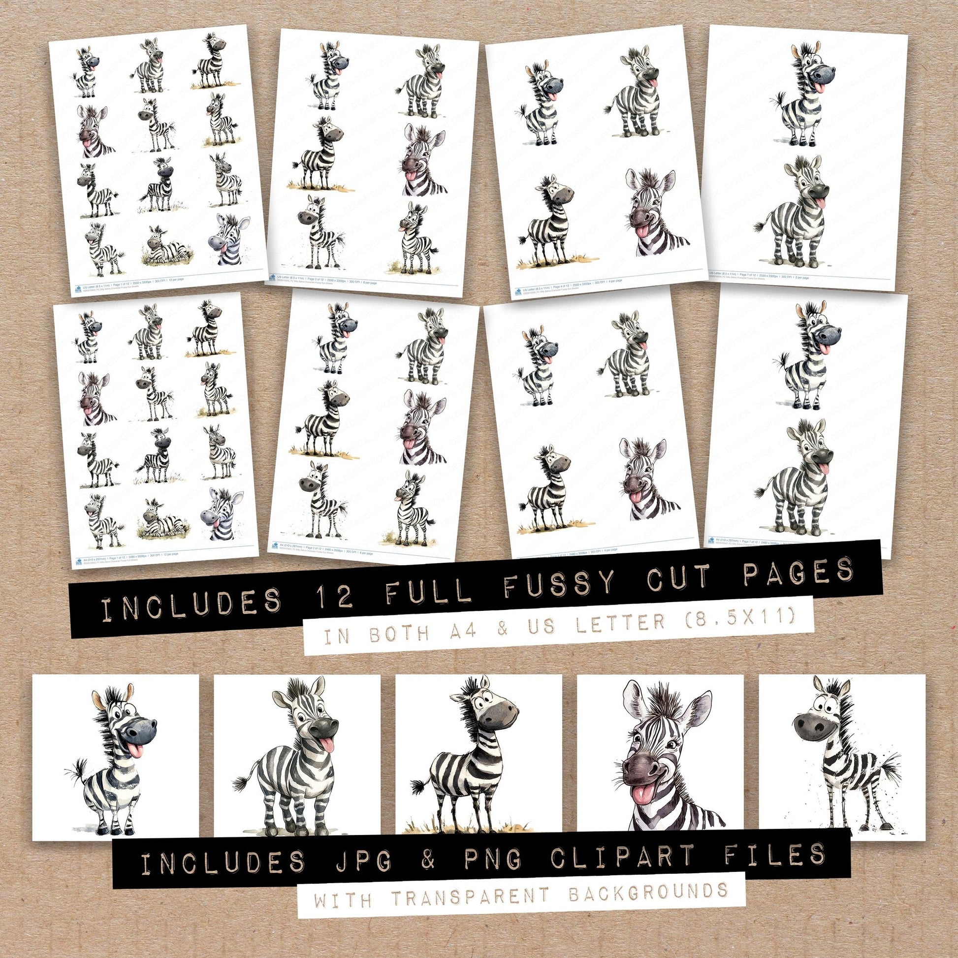Full collection view of Silly Zebra Character fussy cut sheets with bonus clipart JPG and PNG files