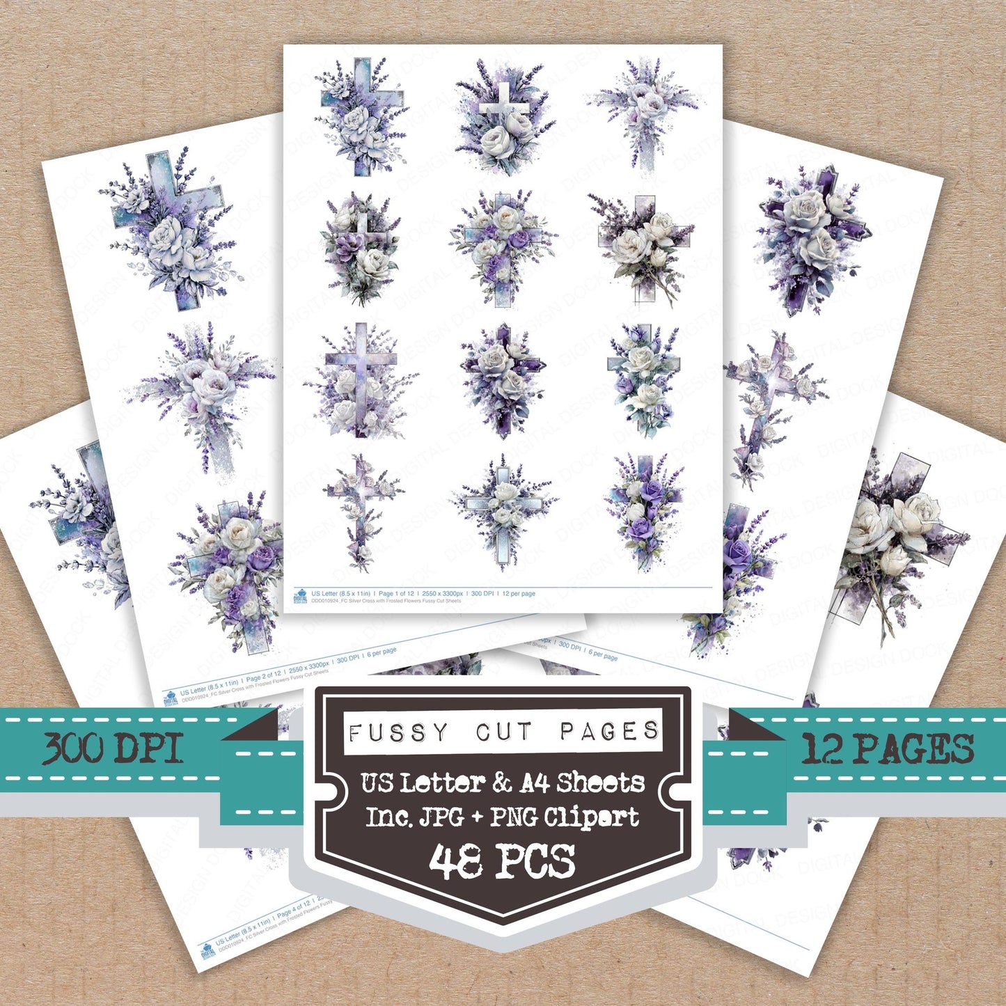 Silver Cross with Frosted Flowers fussy cut printable sheets for junk journaling, scrapbooking, and paper craft projects
