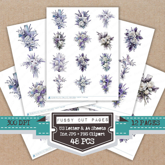 Silver Cross with Frosted Flowers fussy cut printable sheets for junk journaling, scrapbooking, and paper craft projects