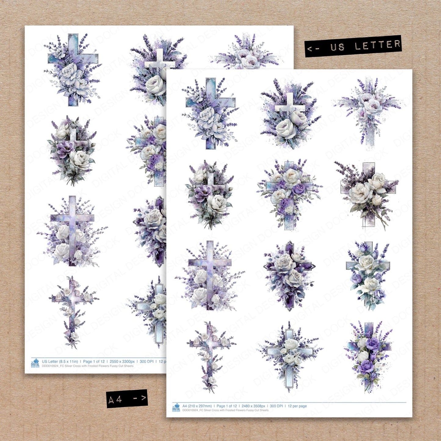 A4 and US Letter format comparison showing Silver Cross with Frosted Flowers fussy cut pages for print and cut crafting
