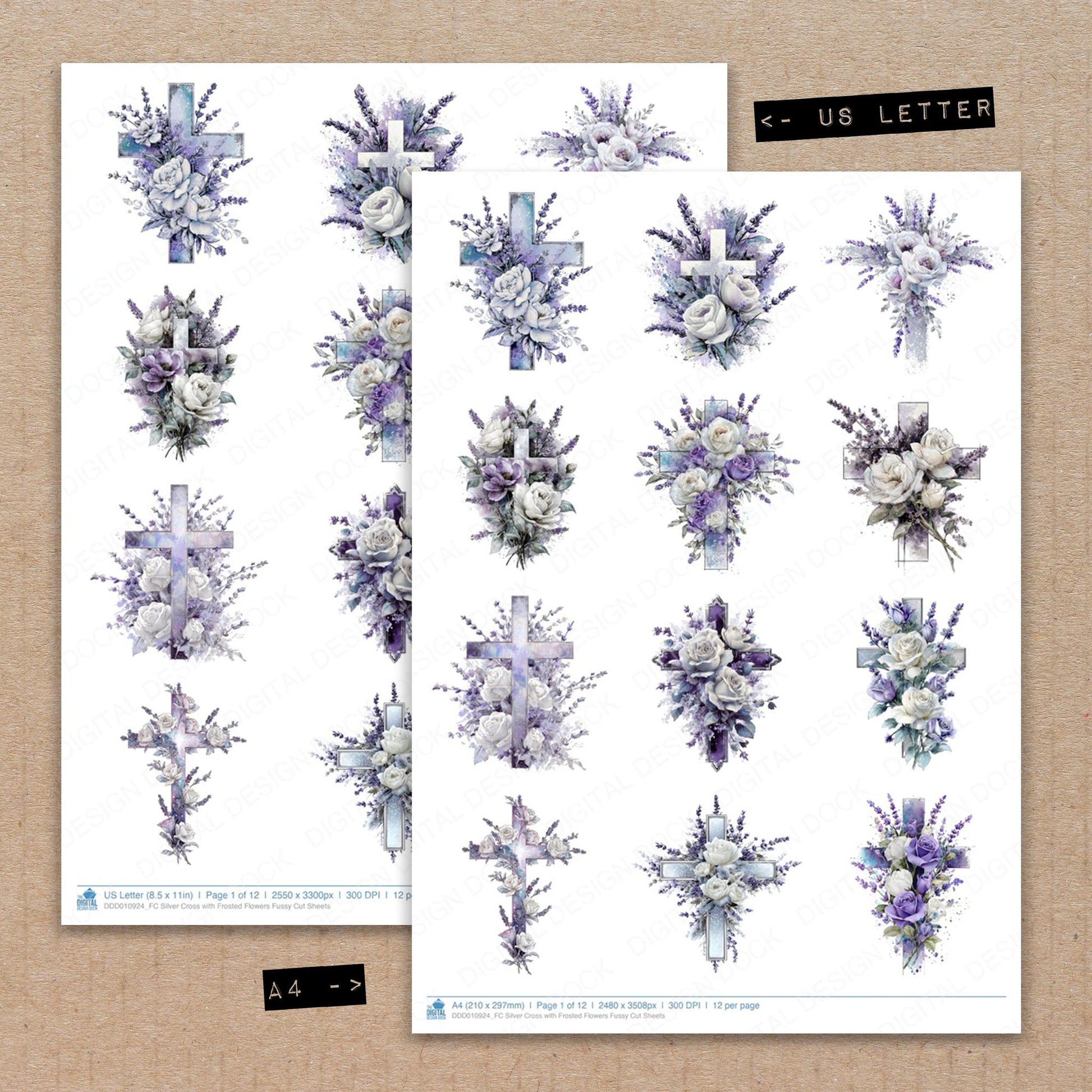 A4 and US Letter format comparison showing Silver Cross with Frosted Flowers fussy cut pages for print and cut crafting