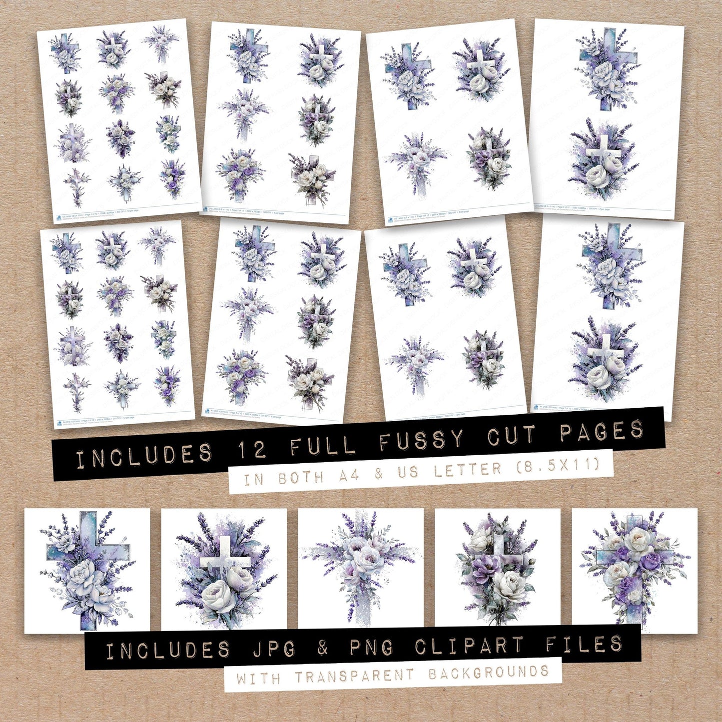 Full collection view of Silver Cross with Frosted Flowers fussy cut sheets with bonus clipart JPG and PNG files