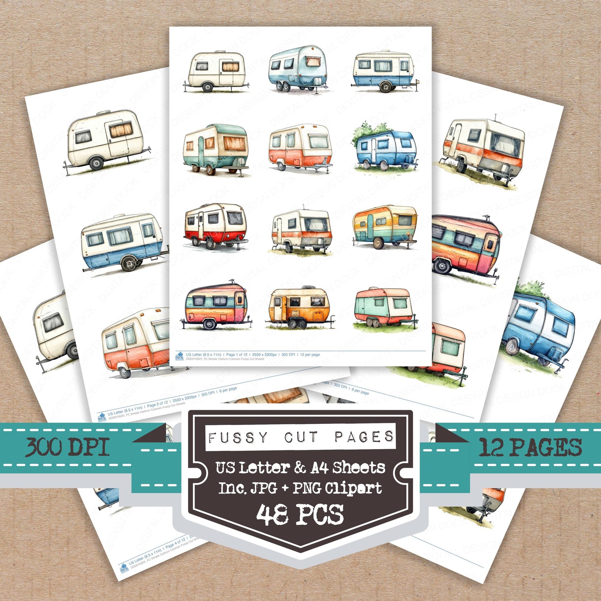 Simple Cartoon Caravan fussy cut printable sheets for junk journaling, scrapbooking, and paper craft projects