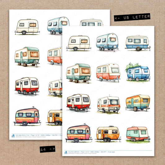 A4 and US Letter format comparison showing Simple Cartoon Caravan fussy cut pages for print and cut crafting