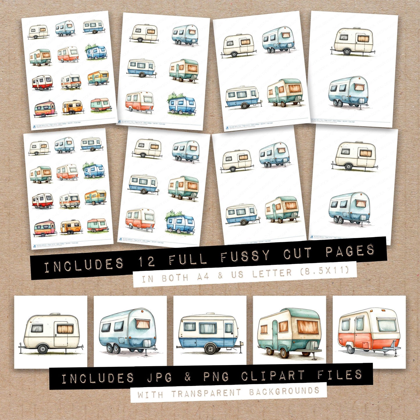 Full collection view of Simple Cartoon Caravan fussy cut sheets with bonus clipart JPG and PNG files