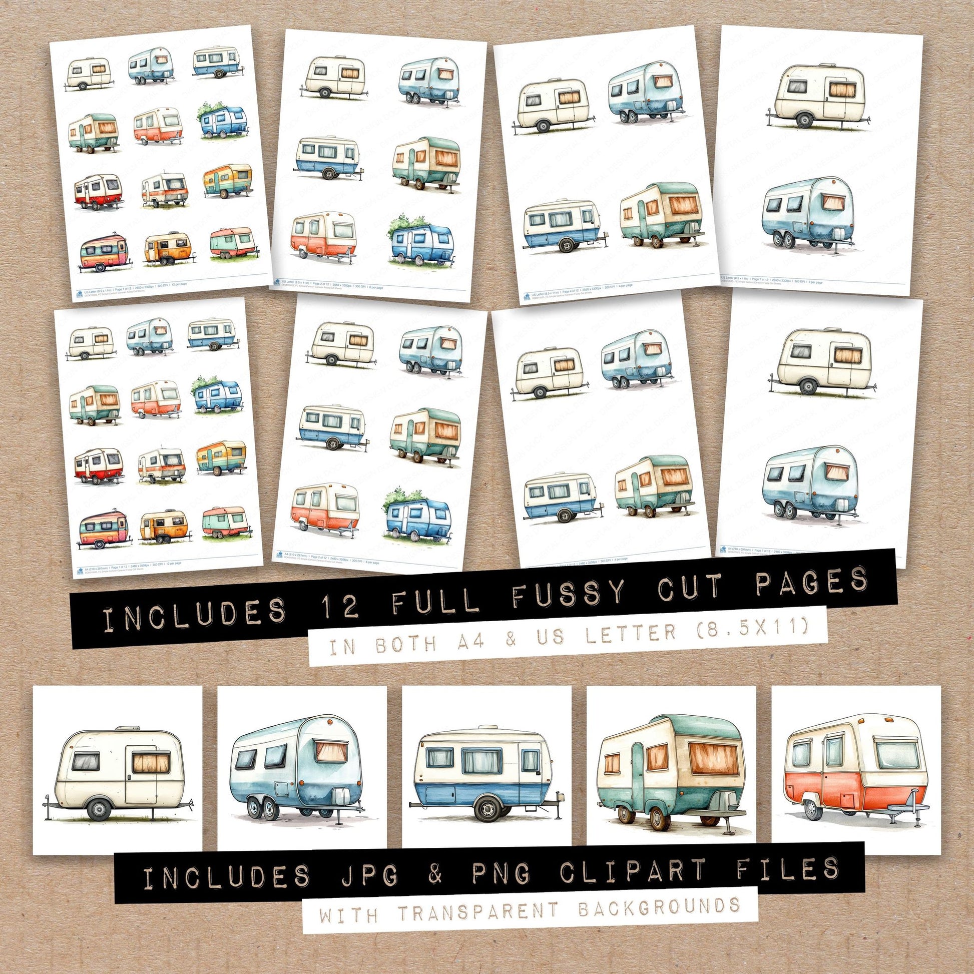 Full collection view of Simple Cartoon Caravan fussy cut sheets with bonus clipart JPG and PNG files