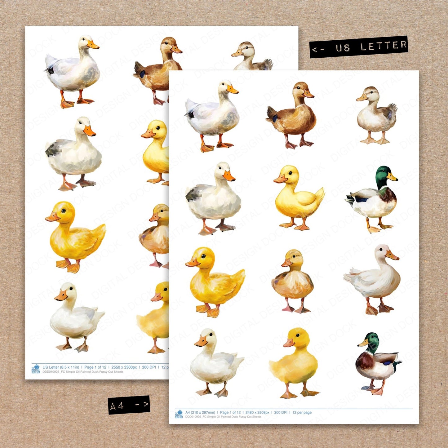 A4 and US Letter format comparison showing Simple Oil Painted Duck fussy cut pages for print and cut crafting