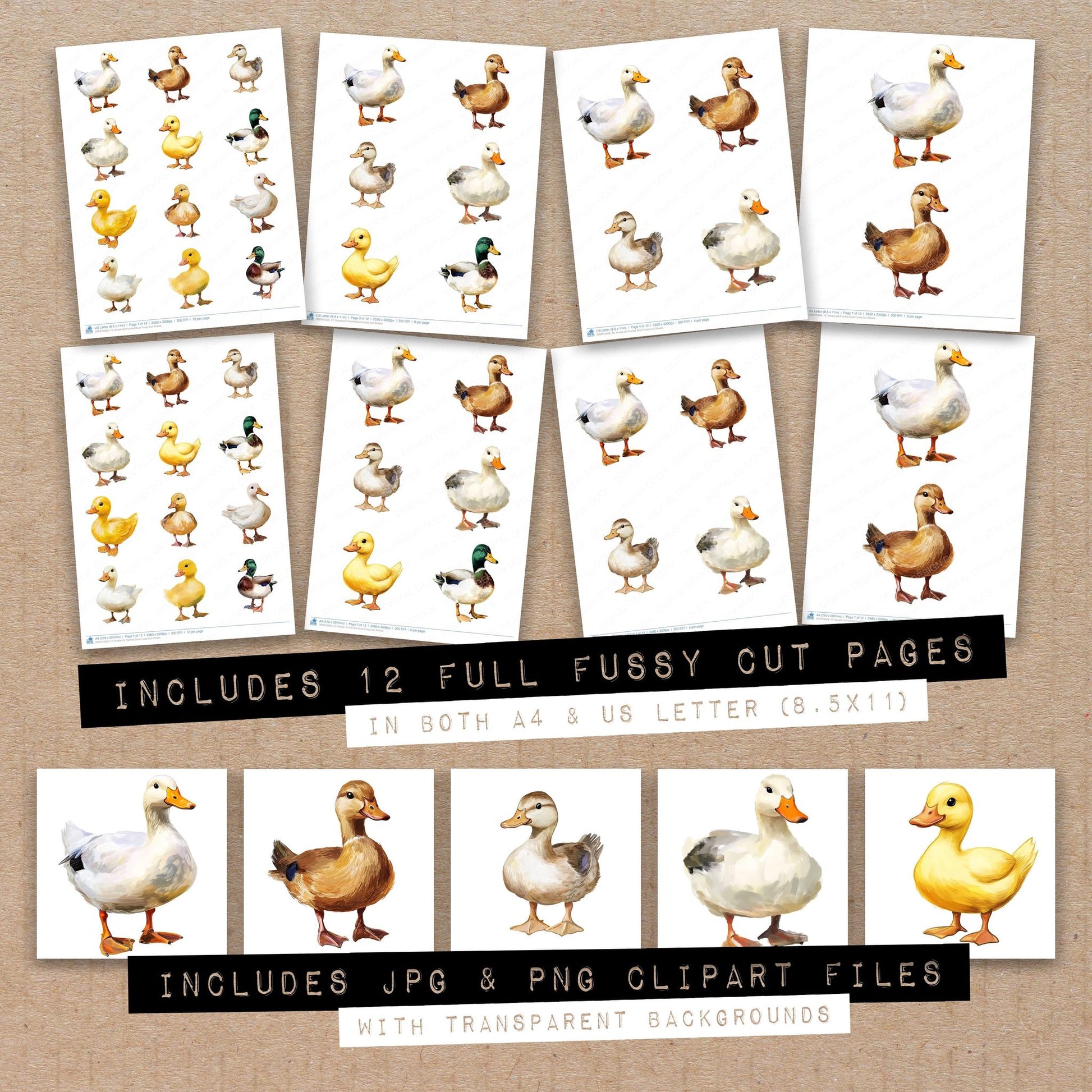 Full collection view of Simple Oil Painted Duck fussy cut sheets with bonus clipart JPG and PNG files