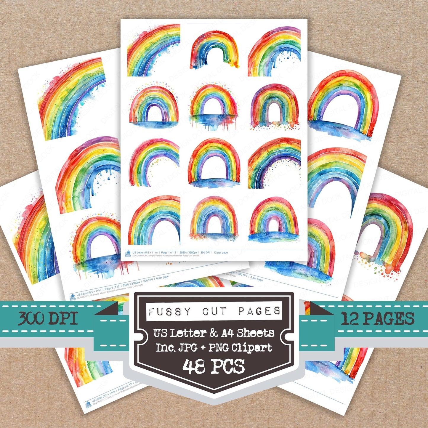 Simple Vibrant Watercolour Rainbow fussy cut printable sheets for junk journaling, scrapbooking, and paper craft projects