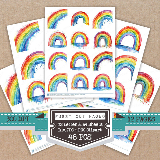 Simple Vibrant Watercolour Rainbow fussy cut printable sheets for junk journaling, scrapbooking, and paper craft projects