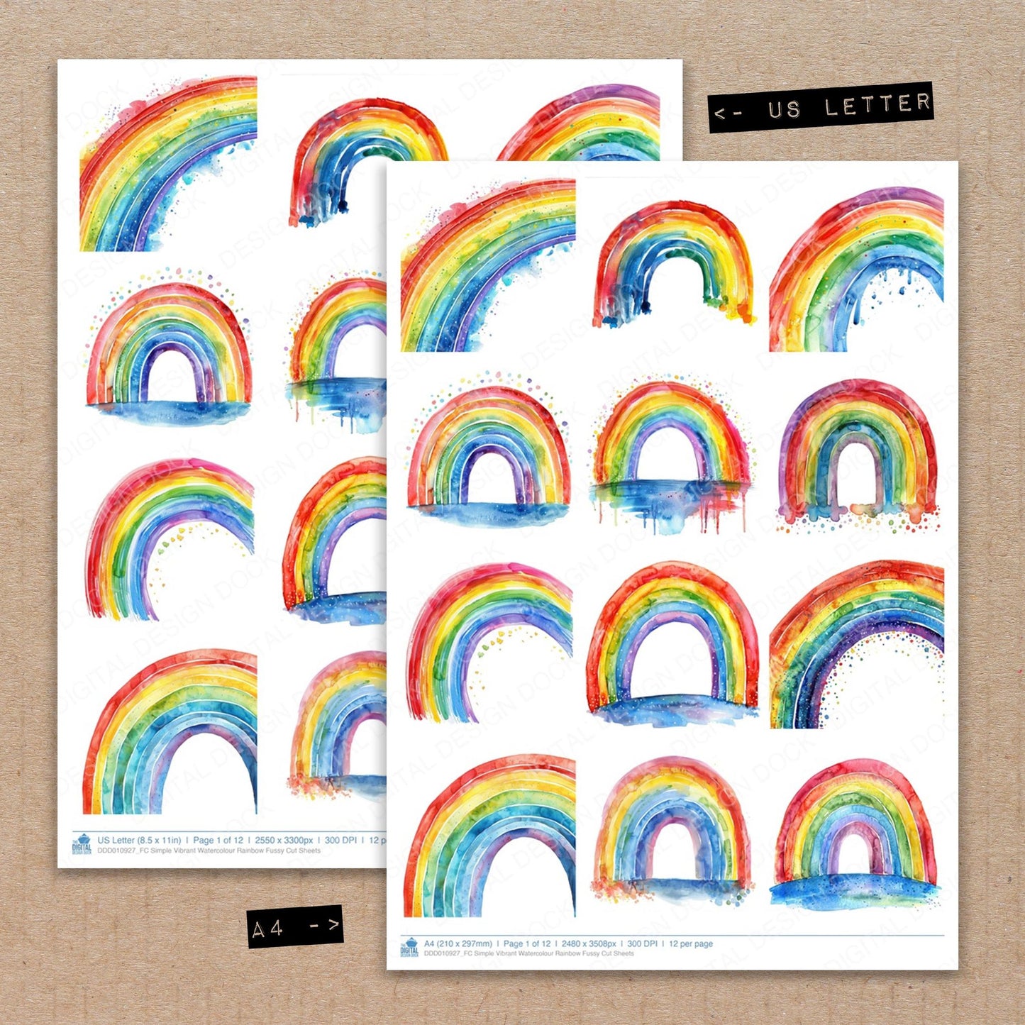 A4 and US Letter format comparison showing Simple Vibrant Watercolour Rainbow fussy cut pages for print and cut crafting