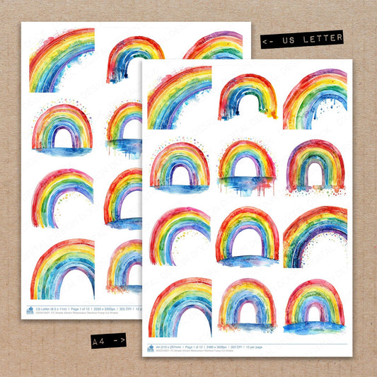 A4 and US Letter format comparison showing Simple Vibrant Watercolour Rainbow fussy cut pages for print and cut crafting