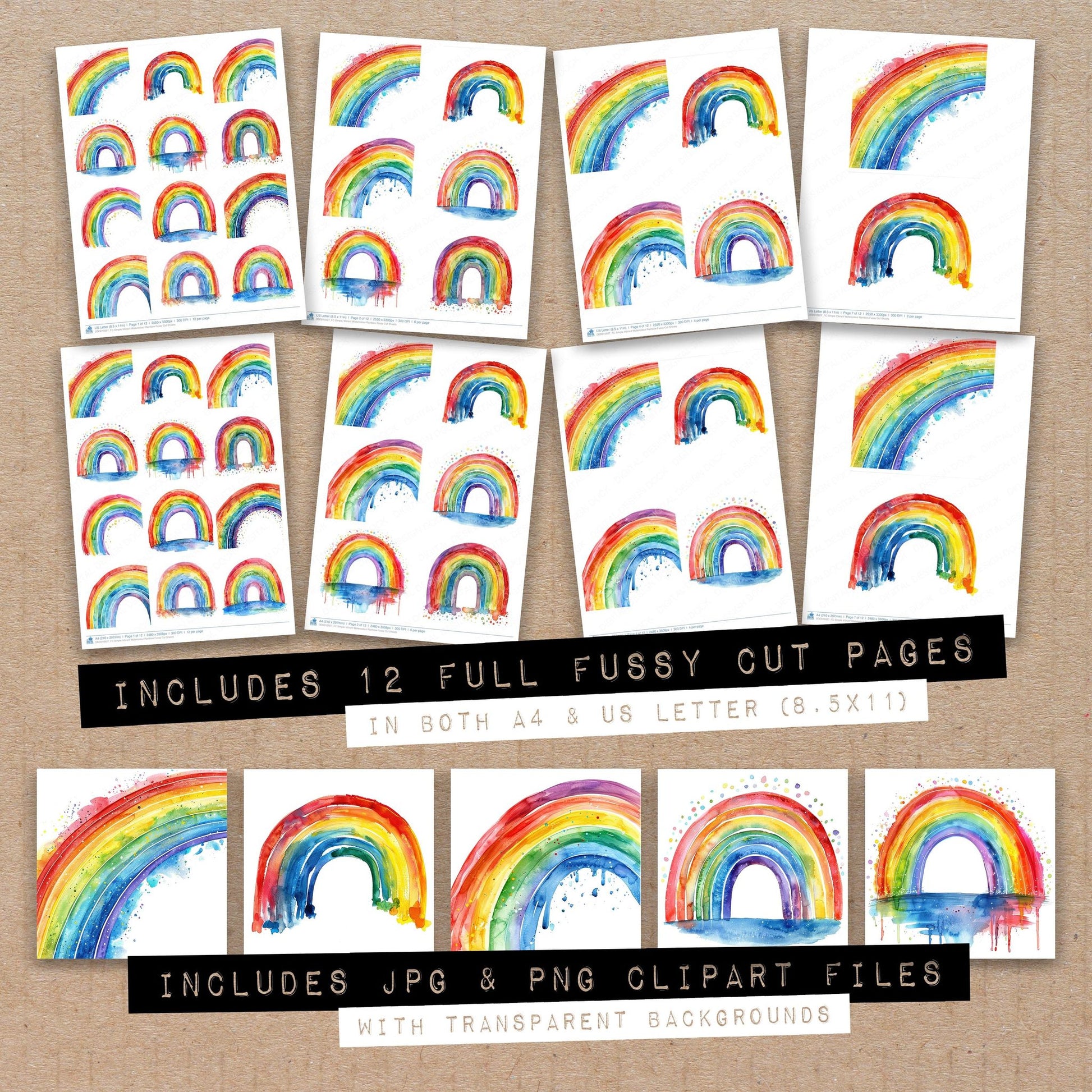 Full collection view of Simple Vibrant Watercolour Rainbow fussy cut sheets with bonus clipart JPG and PNG files