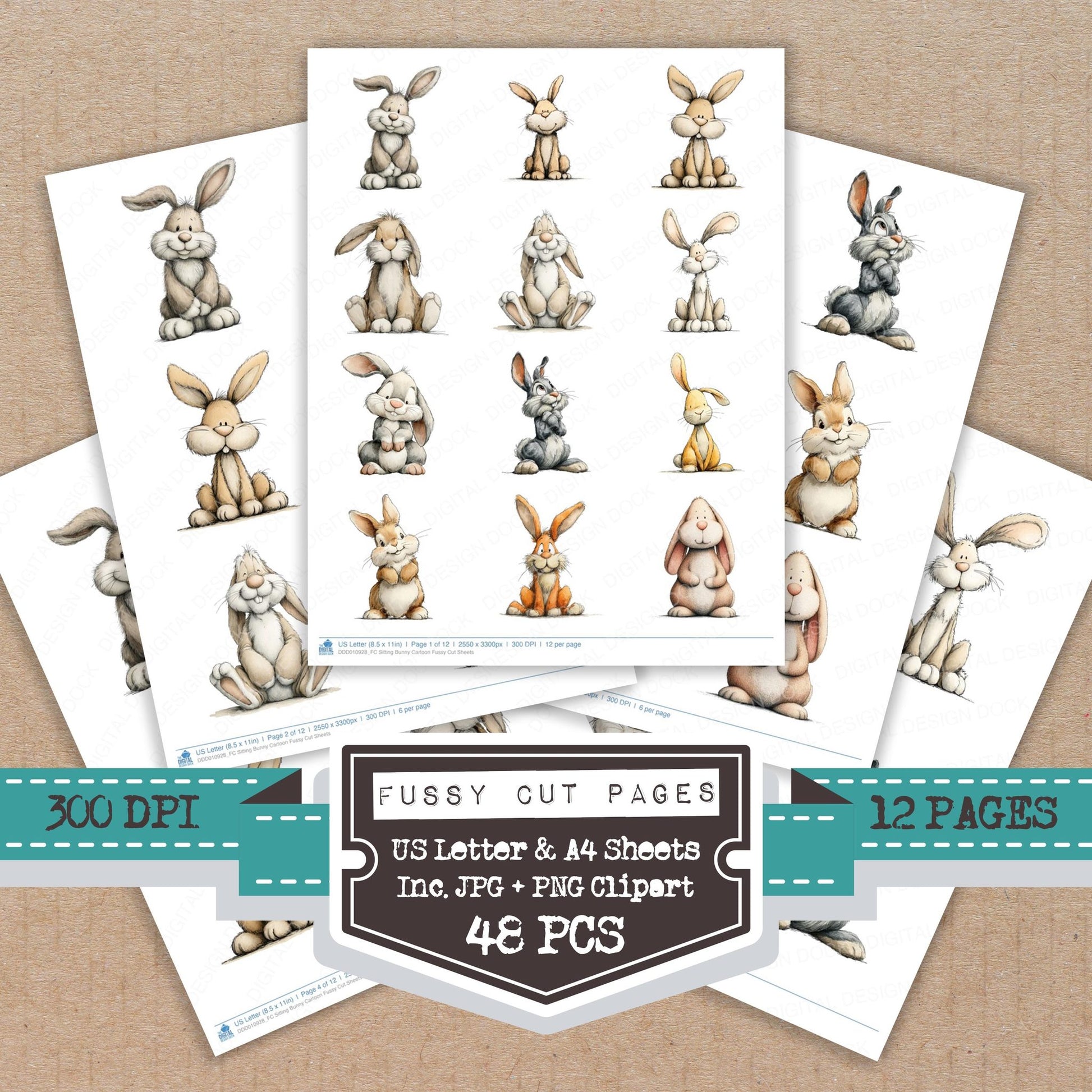 Sitting Bunny Cartoon fussy cut printable sheets for junk journaling, scrapbooking, and paper craft projects