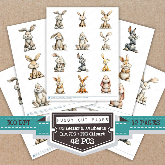 Sitting Bunny Cartoon fussy cut printable sheets for junk journaling, scrapbooking, and paper craft projects
