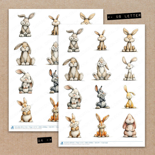 A4 and US Letter format comparison showing Sitting Bunny Cartoon fussy cut pages for print and cut crafting