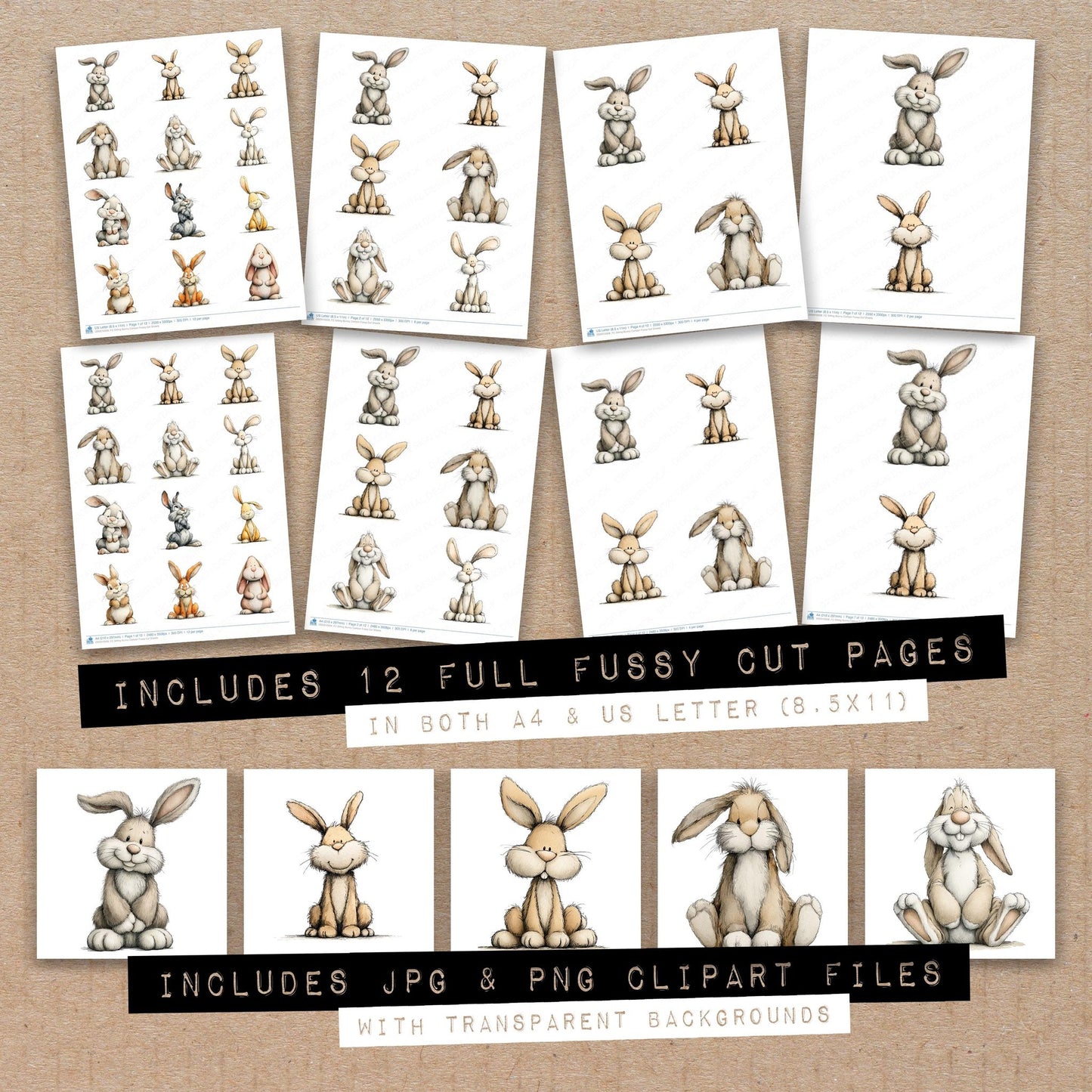 Full collection view of Sitting Bunny Cartoon fussy cut sheets with bonus clipart JPG and PNG files