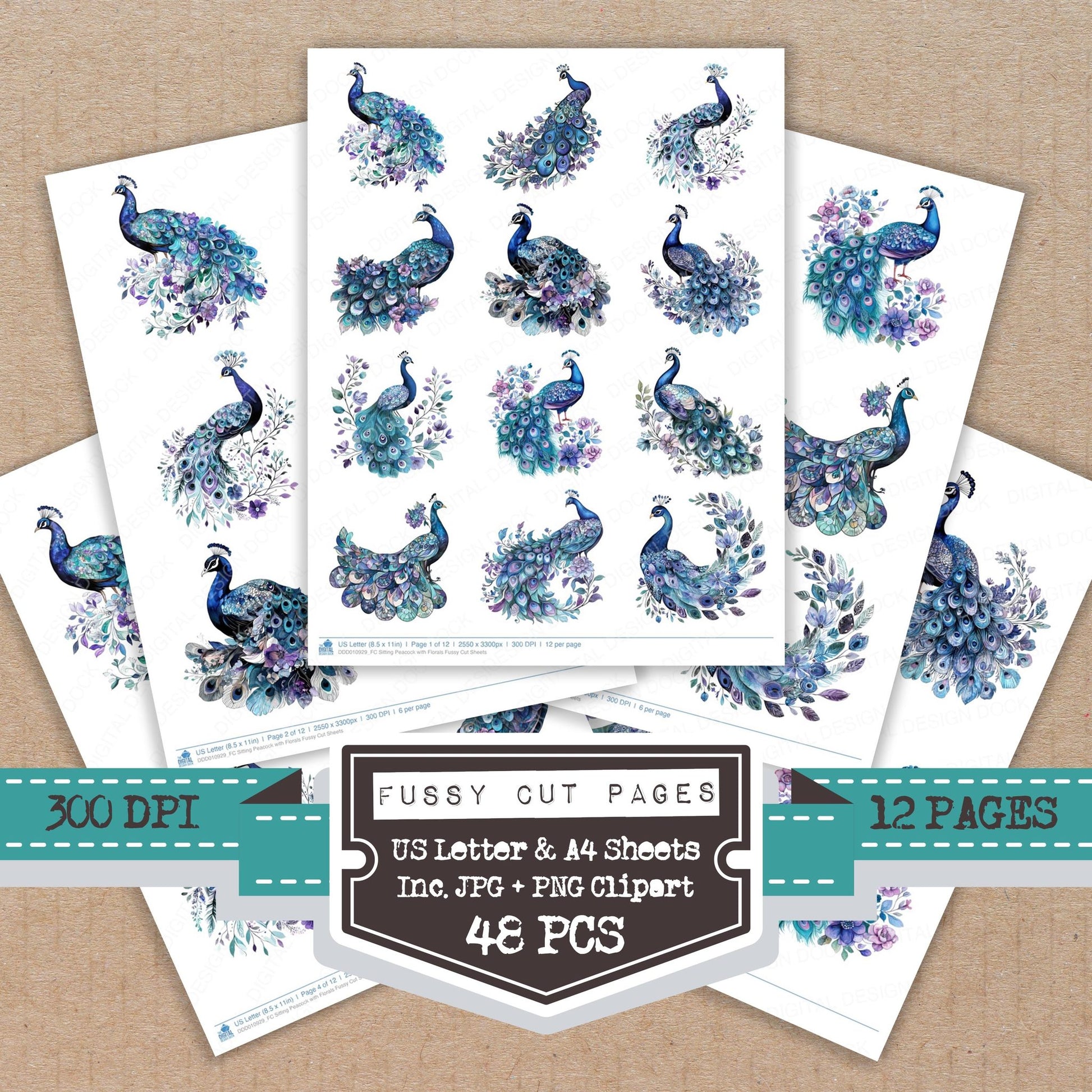 Sitting Peacock with Florals fussy cut printable sheets for junk journaling, scrapbooking, and paper craft projects