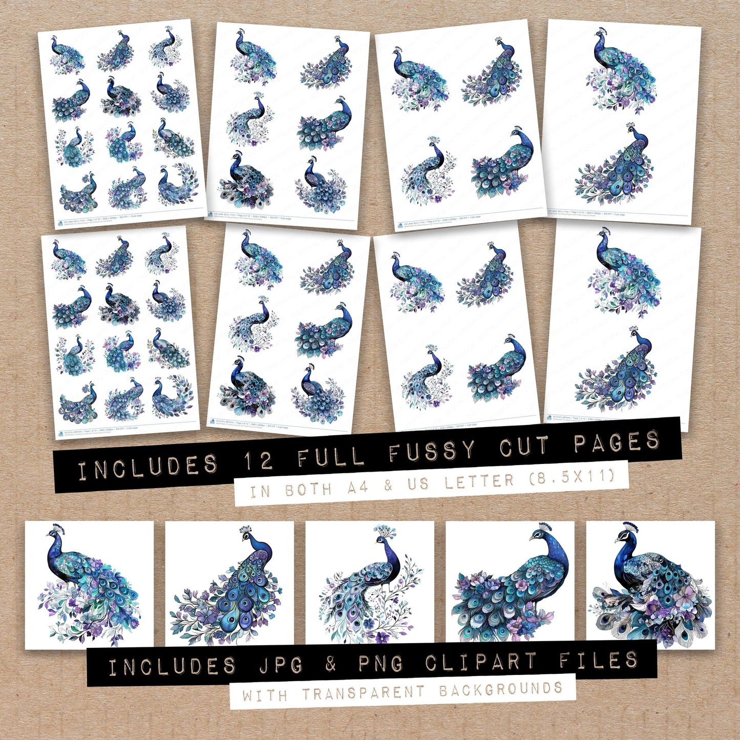 Full collection view of Sitting Peacock with Florals fussy cut sheets with bonus clipart JPG and PNG files
