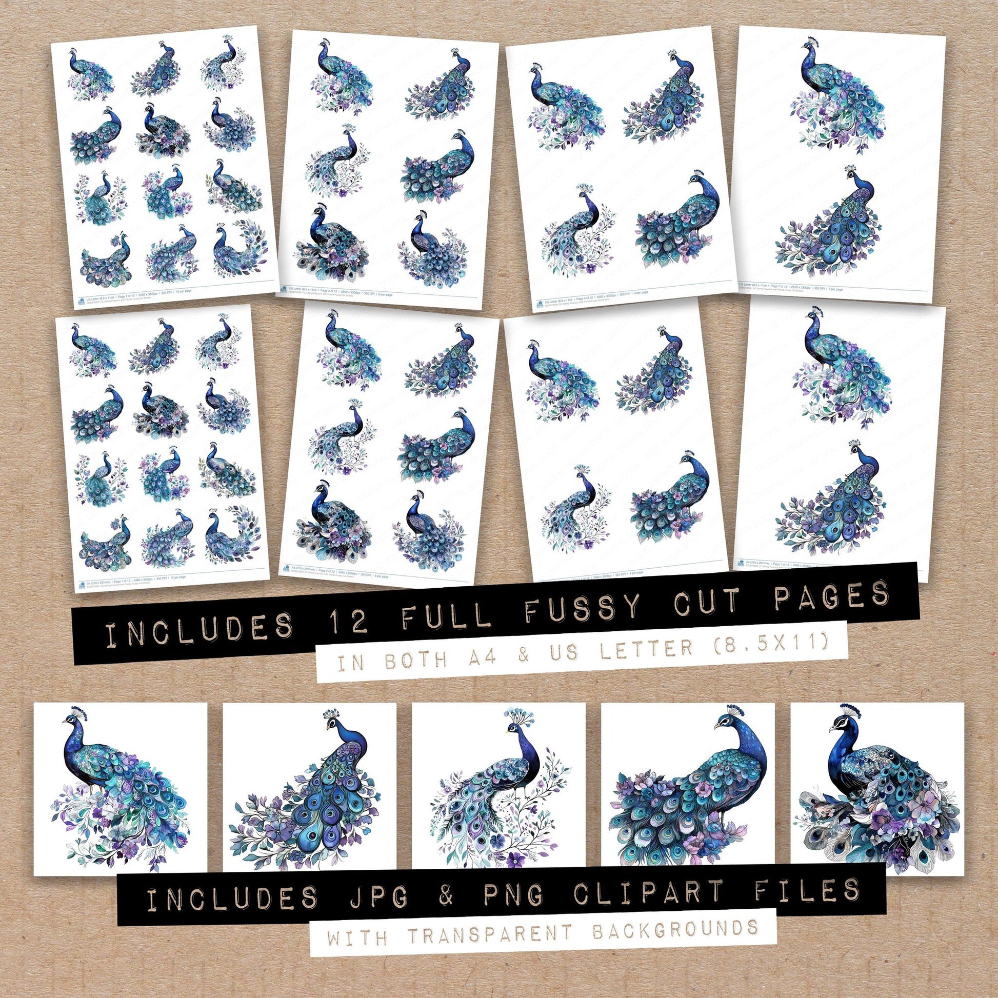 Full collection view of Sitting Peacock with Florals fussy cut sheets with bonus clipart JPG and PNG files
