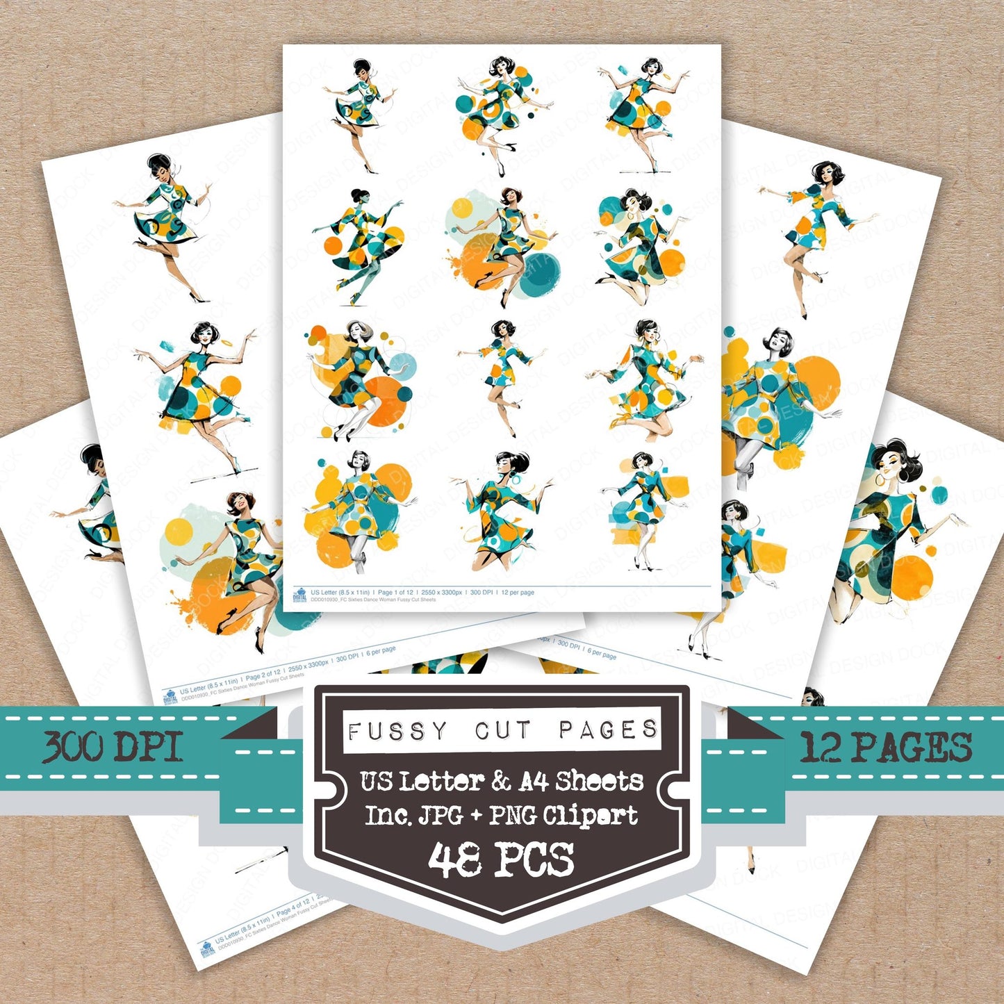 Sixties Dance Woman fussy cut printable sheets for junk journaling, scrapbooking, and paper craft projects