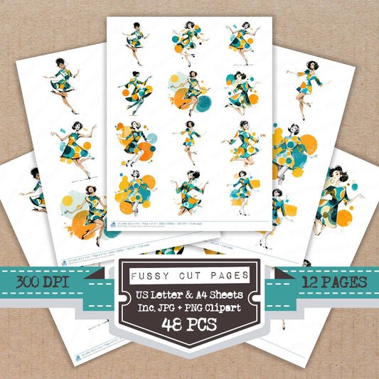 Sixties Dance Woman fussy cut printable sheets for junk journaling, scrapbooking, and paper craft projects