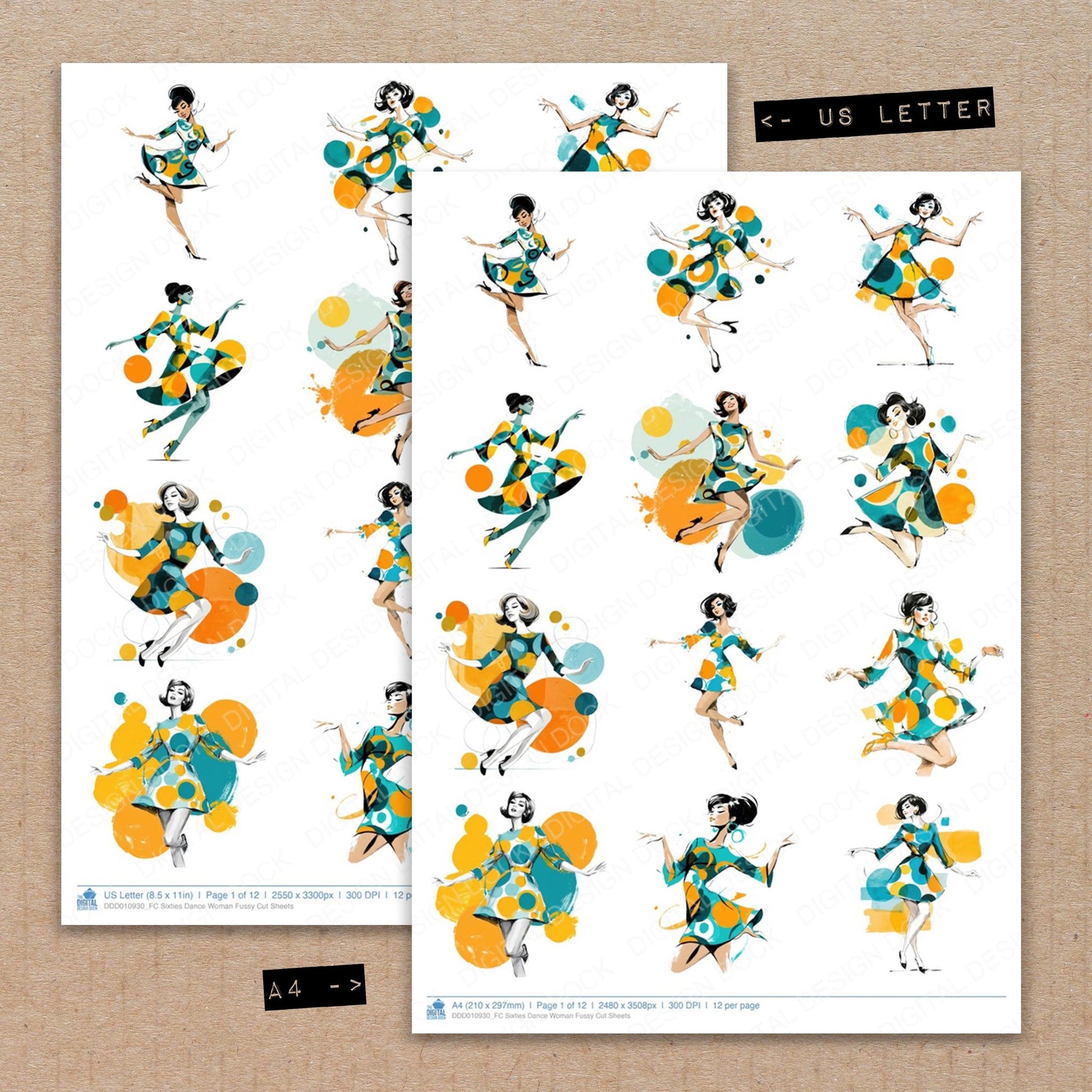 A4 and US Letter format comparison showing Sixties Dance Woman fussy cut pages for print and cut crafting