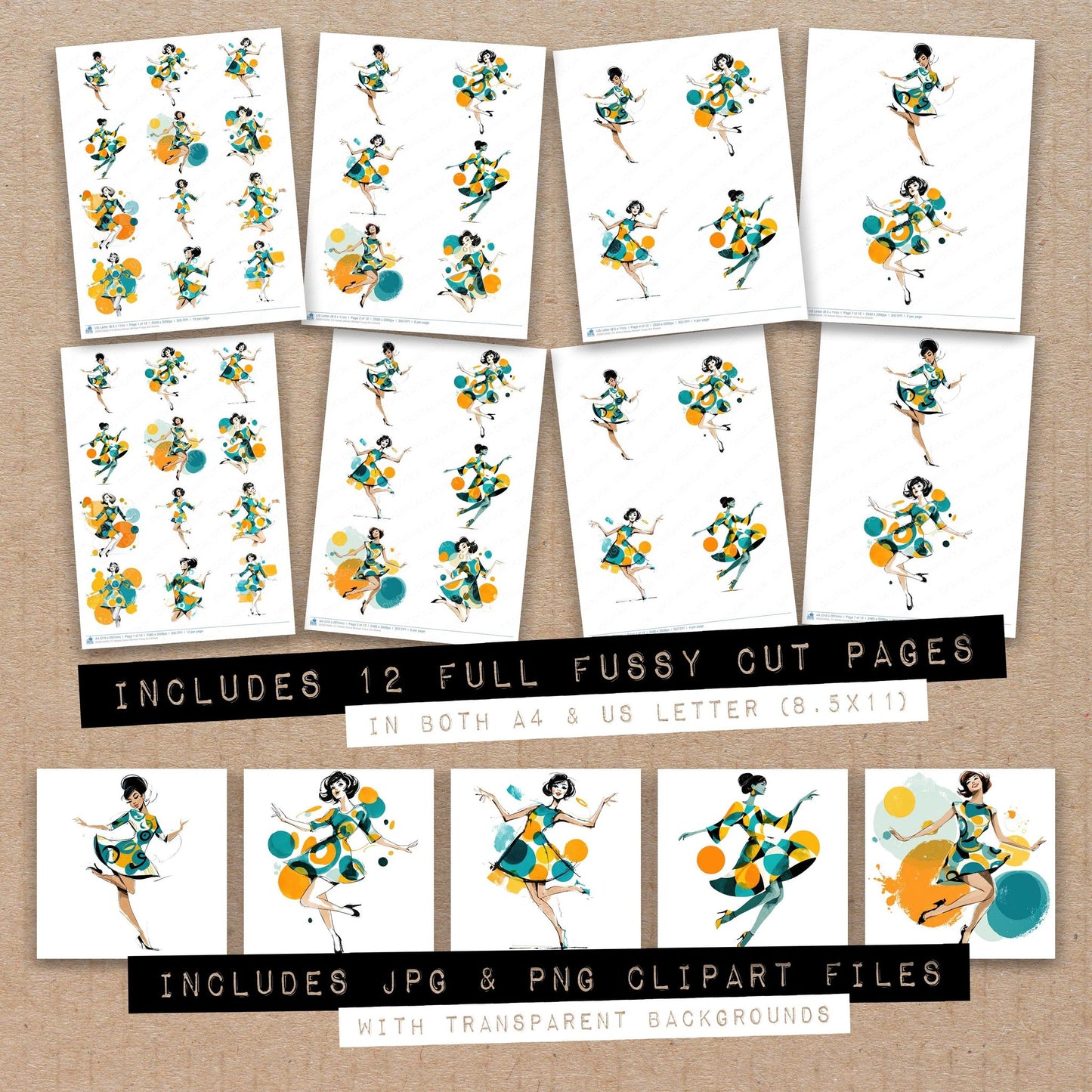 Full collection view of Sixties Dance Woman fussy cut sheets with bonus clipart JPG and PNG files