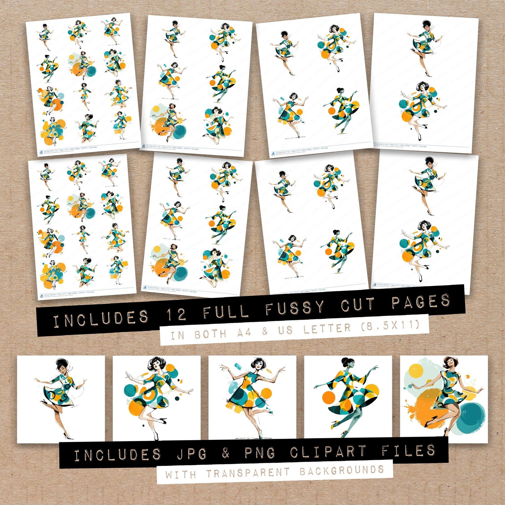 Full collection view of Sixties Dance Woman fussy cut sheets with bonus clipart JPG and PNG files