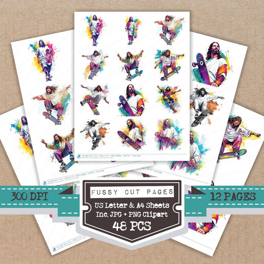 Skateboader Jesus fussy cut printable sheets for junk journaling, scrapbooking, and paper craft projects
