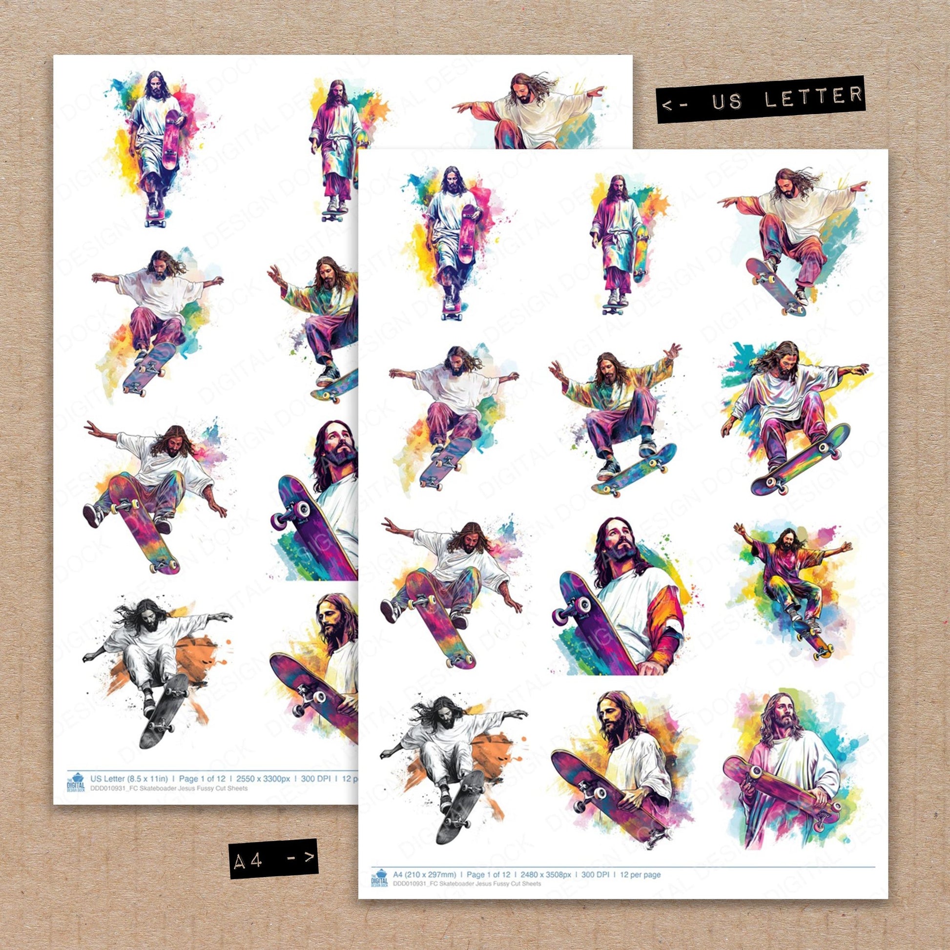 A4 and US Letter format comparison showing Skateboader Jesus fussy cut pages for print and cut crafting