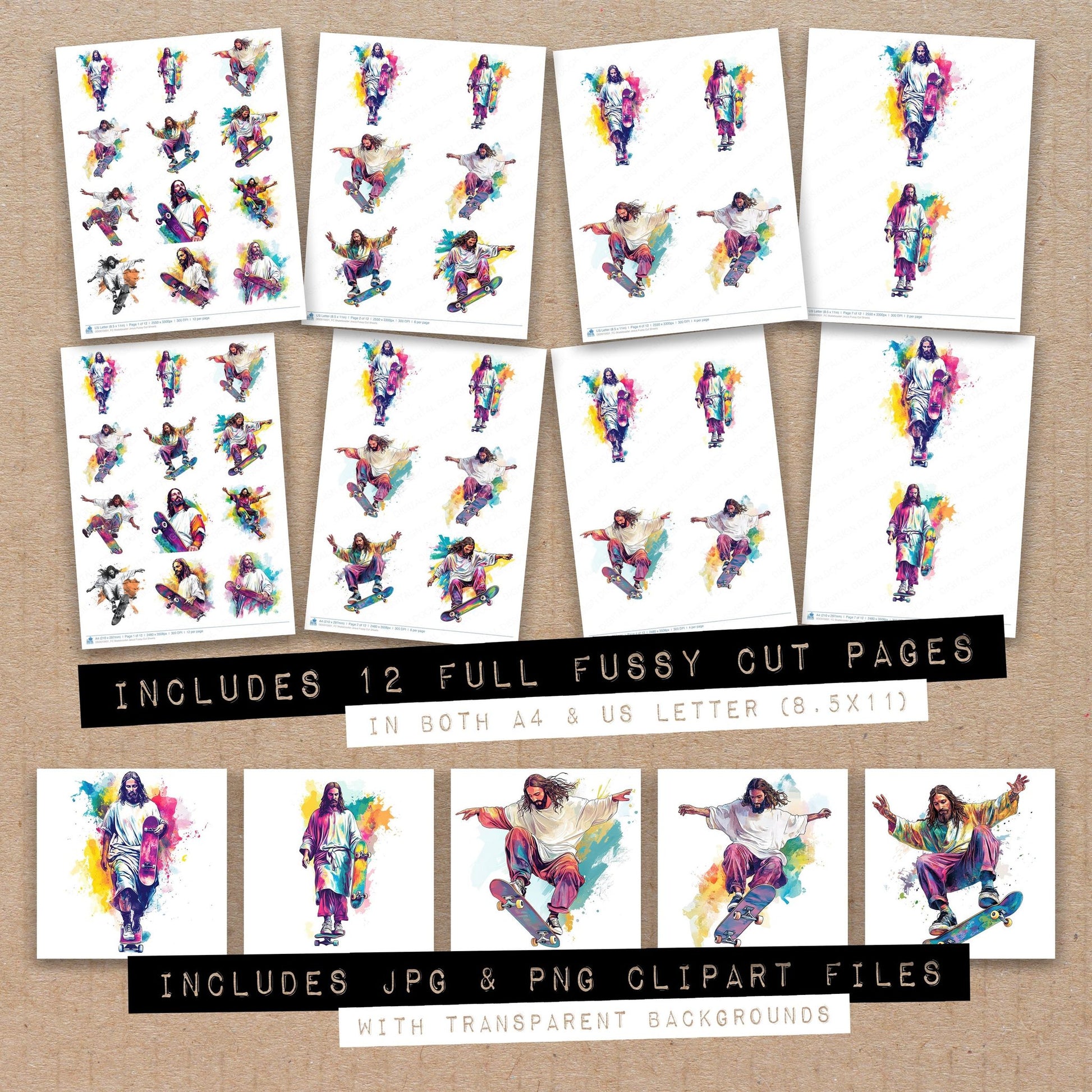 Full collection view of Skateboader Jesus fussy cut sheets with bonus clipart JPG and PNG files