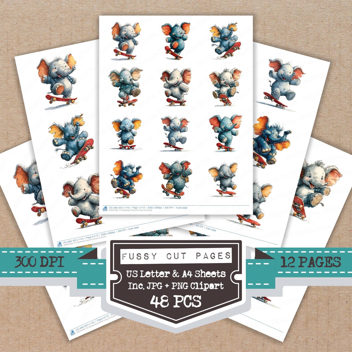 Skateboard Elephant fussy cut printable sheets for junk journaling, scrapbooking, and paper craft projects