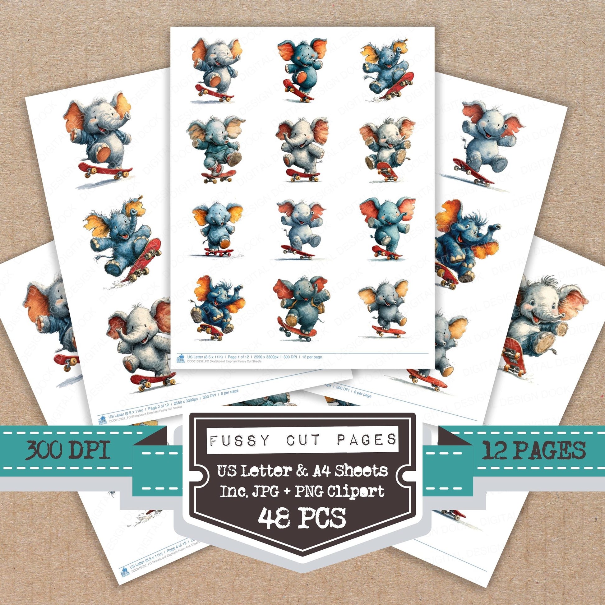 Skateboard Elephant fussy cut printable sheets for junk journaling, scrapbooking, and paper craft projects