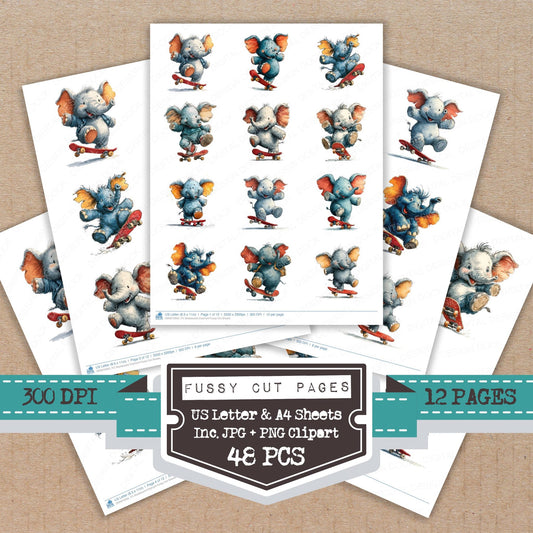 Skateboard Elephant fussy cut printable sheets for junk journaling, scrapbooking, and paper craft projects