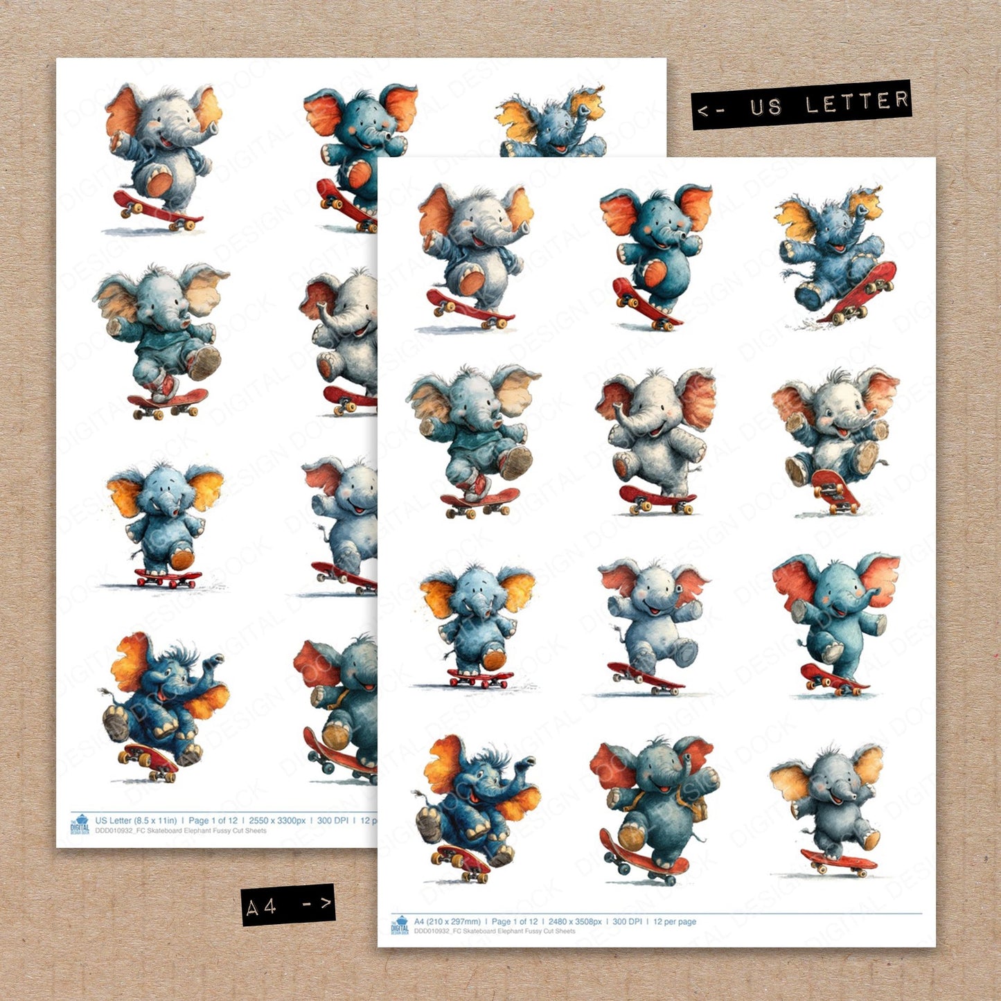 A4 and US Letter format comparison showing Skateboard Elephant fussy cut pages for print and cut crafting