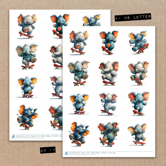 A4 and US Letter format comparison showing Skateboard Elephant fussy cut pages for print and cut crafting