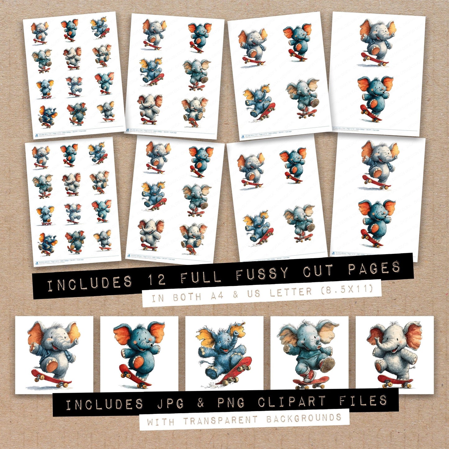 Full collection view of Skateboard Elephant fussy cut sheets with bonus clipart JPG and PNG files