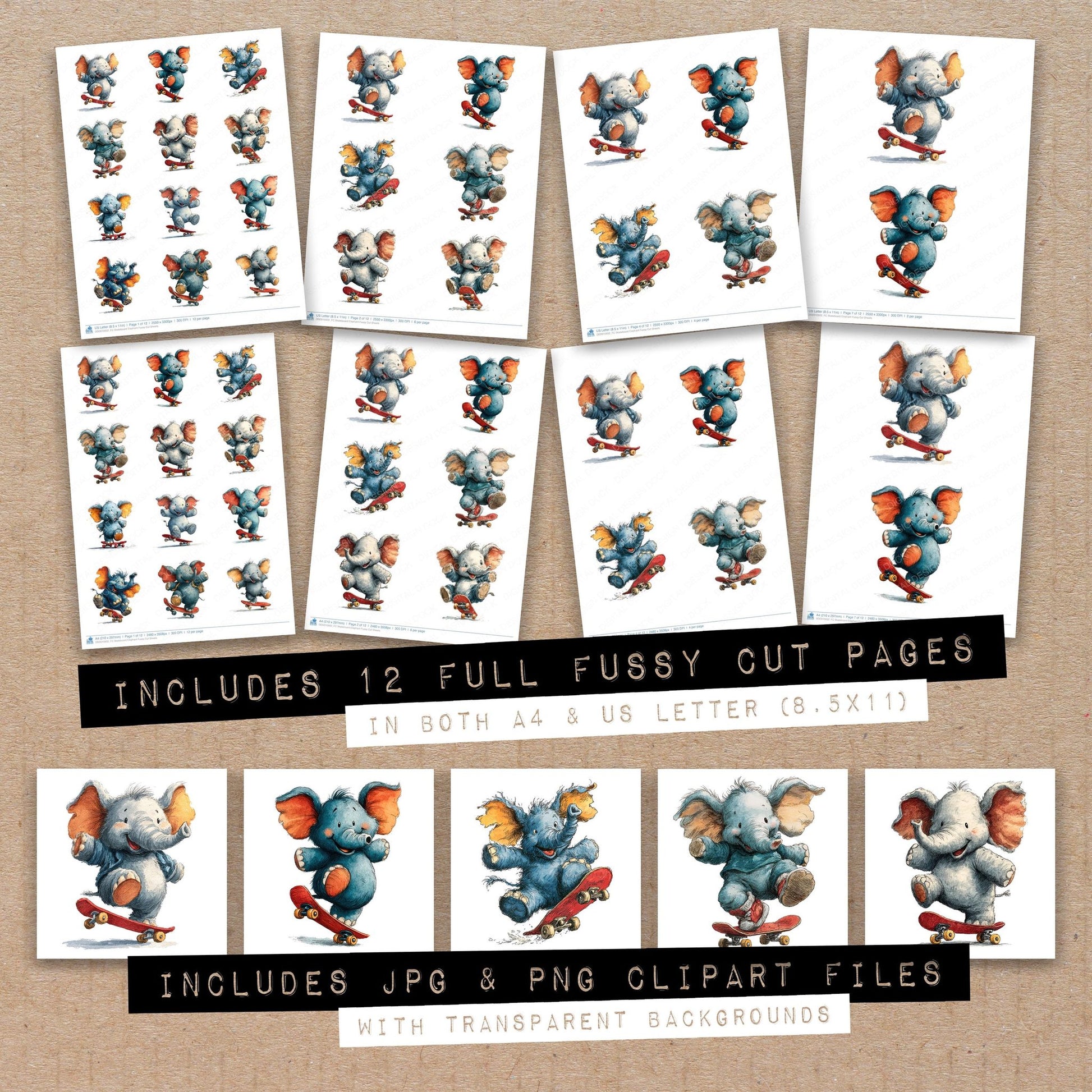 Full collection view of Skateboard Elephant fussy cut sheets with bonus clipart JPG and PNG files