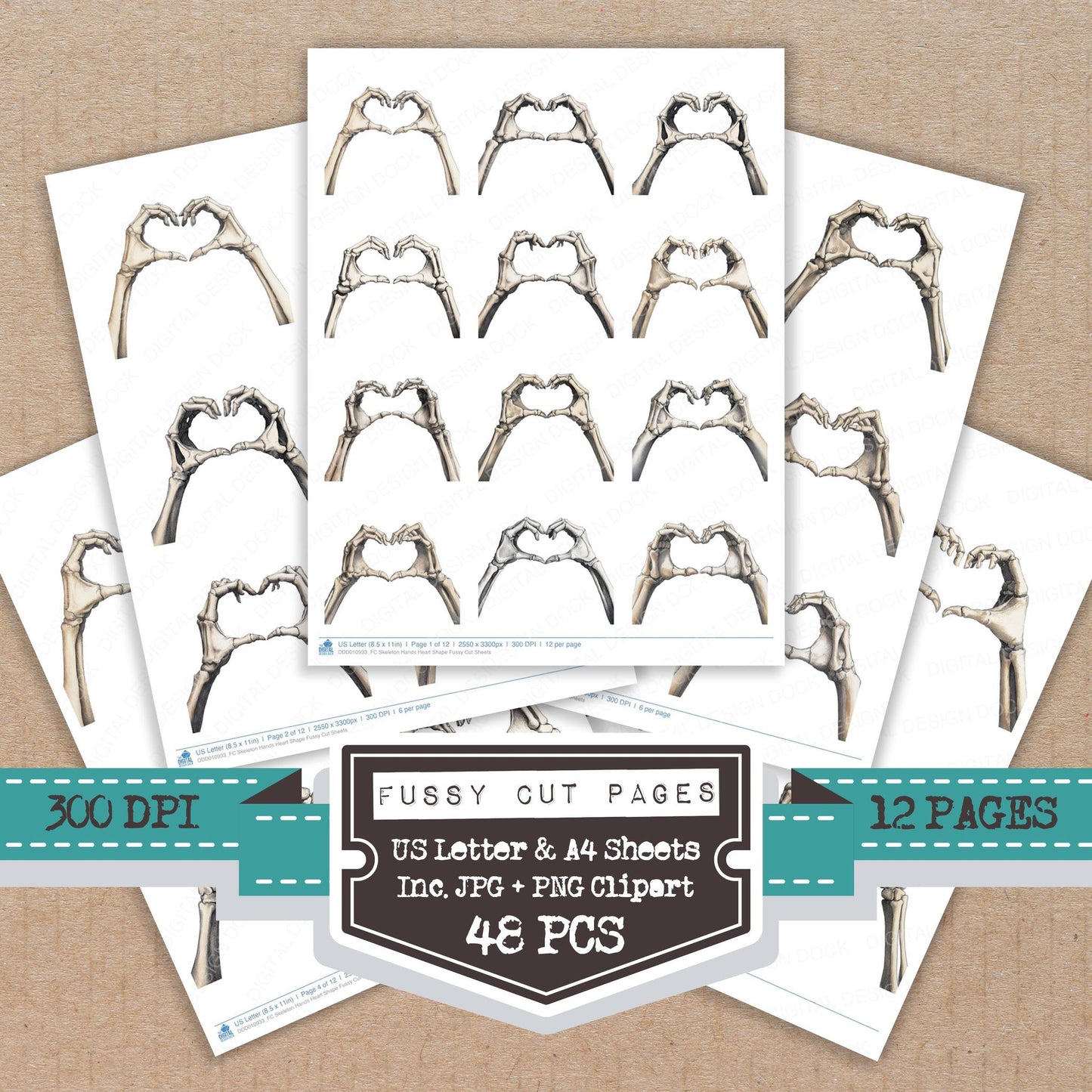 Skeleton Hands Heart Shape fussy cut printable sheets for junk journaling, scrapbooking, and paper craft projects