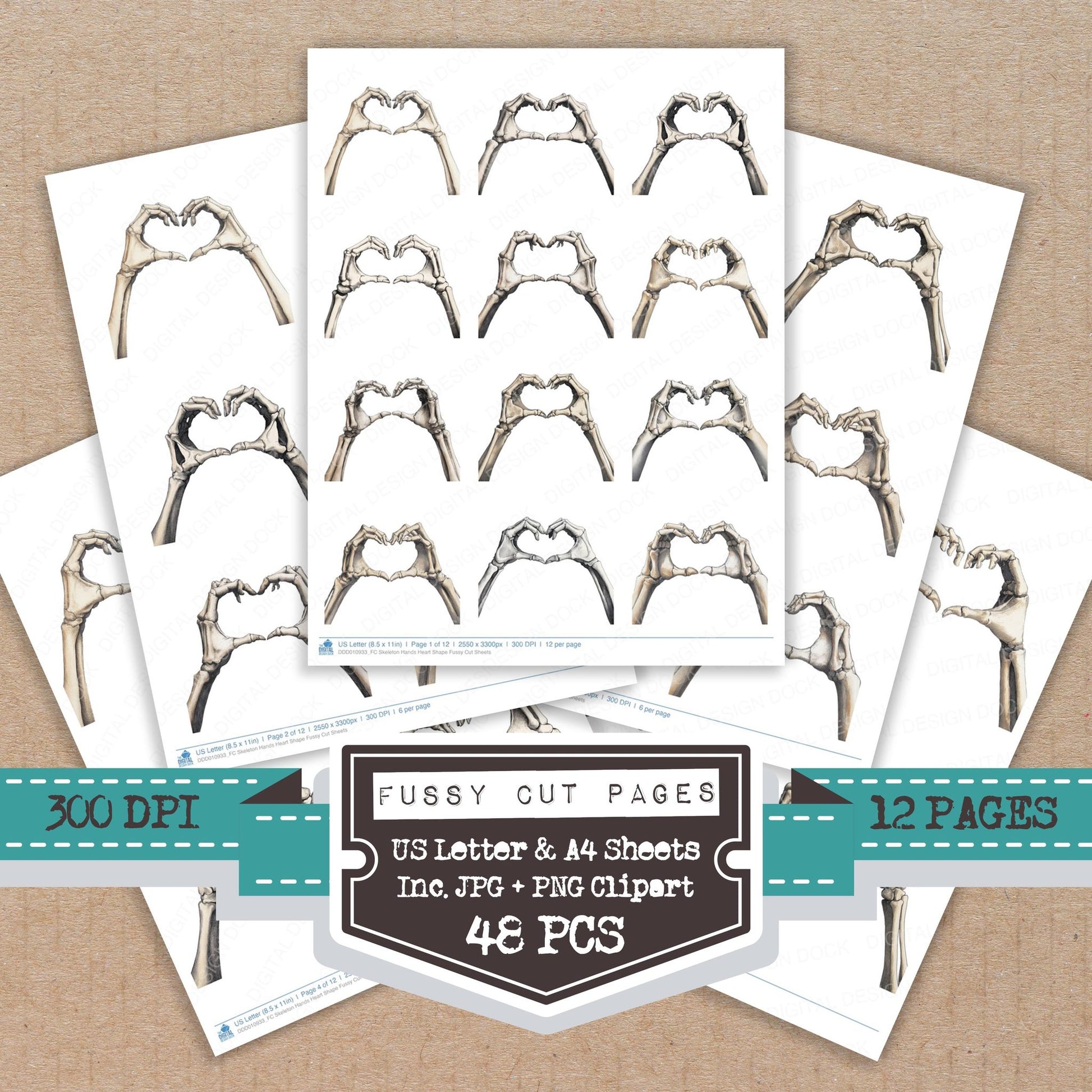 Skeleton Hands Heart Shape fussy cut printable sheets for junk journaling, scrapbooking, and paper craft projects