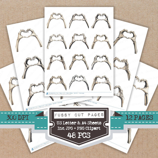 Skeleton Hands Heart Shape fussy cut printable sheets for junk journaling, scrapbooking, and paper craft projects