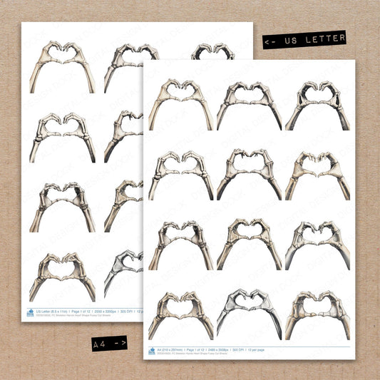 A4 and US Letter format comparison showing Skeleton Hands Heart Shape fussy cut pages for print and cut crafting