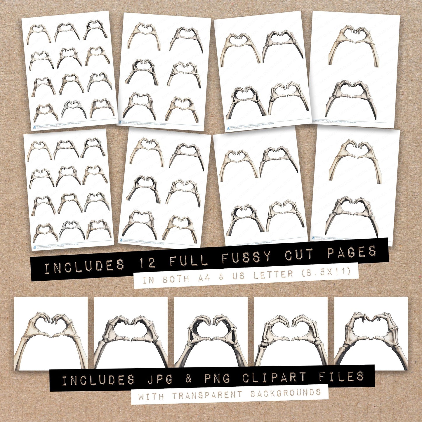 Full collection view of Skeleton Hands Heart Shape fussy cut sheets with bonus clipart JPG and PNG files