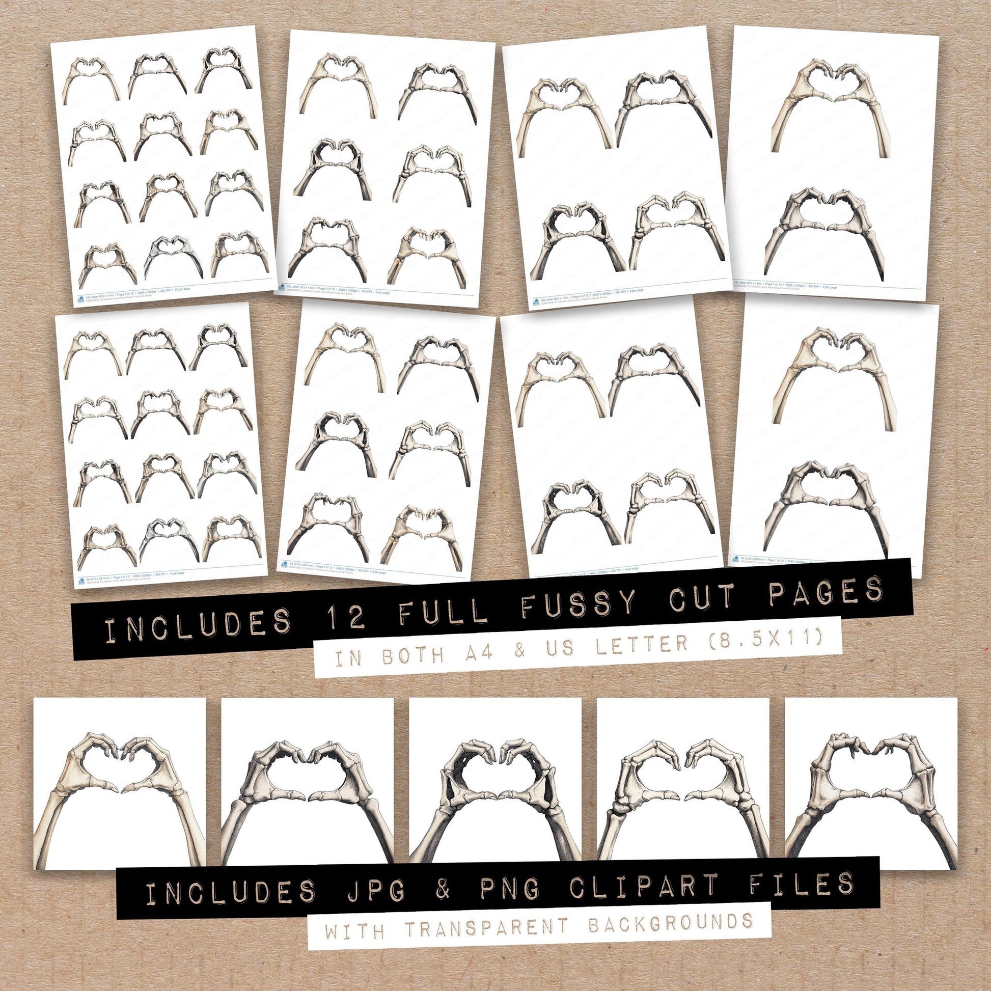 Full collection view of Skeleton Hands Heart Shape fussy cut sheets with bonus clipart JPG and PNG files