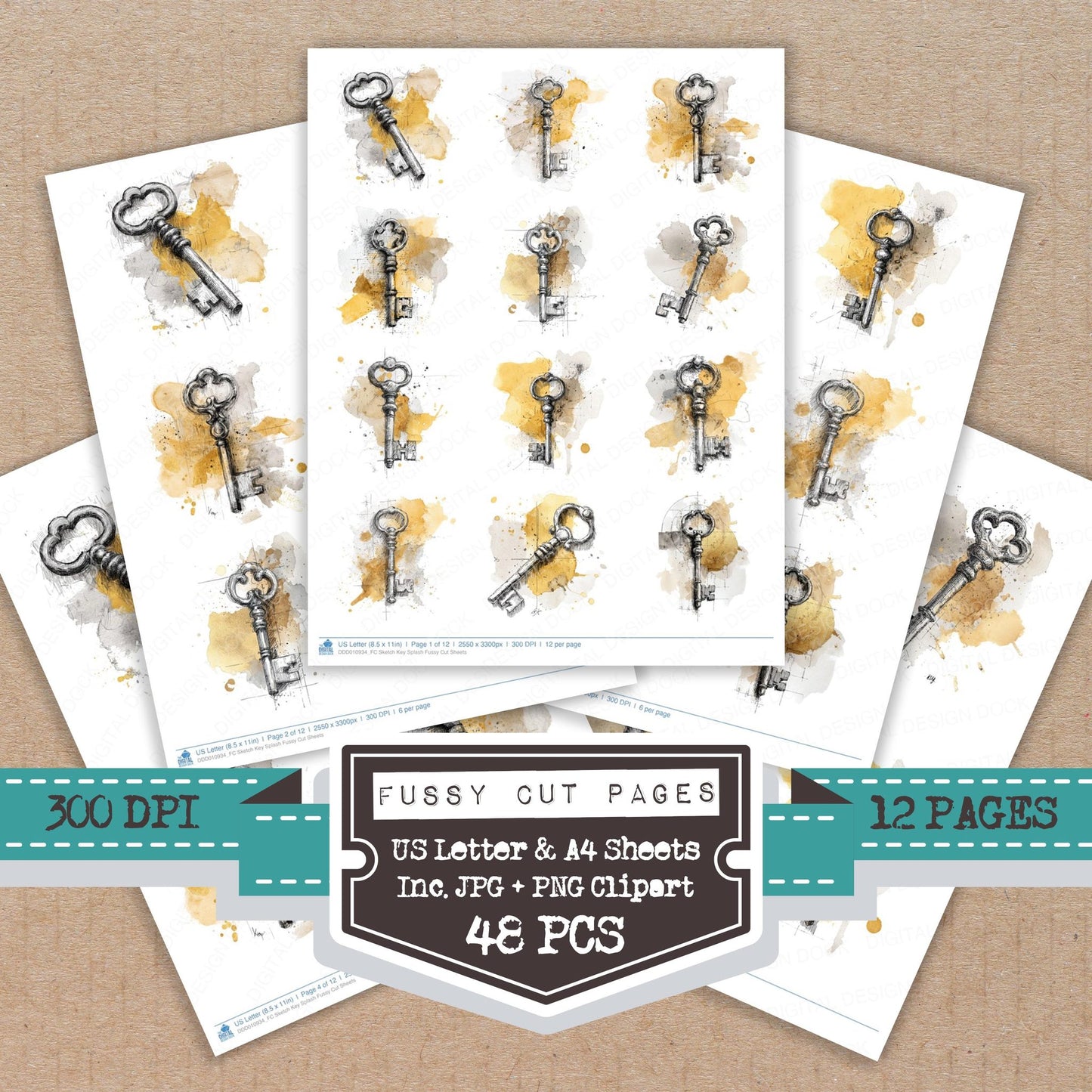 Sketch Key Splash fussy cut printable sheets for junk journaling, scrapbooking, and paper craft projects