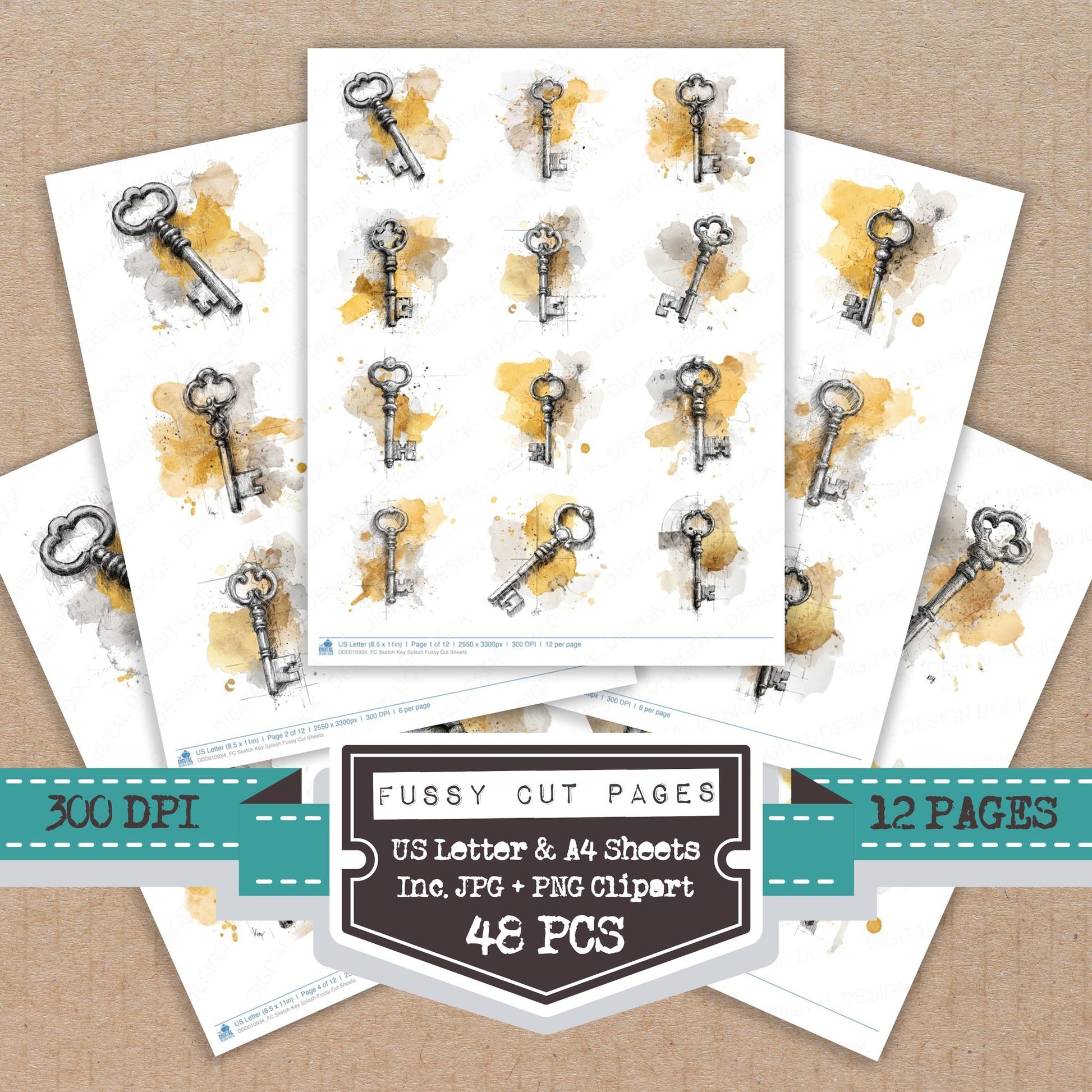 Sketch Key Splash fussy cut printable sheets for junk journaling, scrapbooking, and paper craft projects