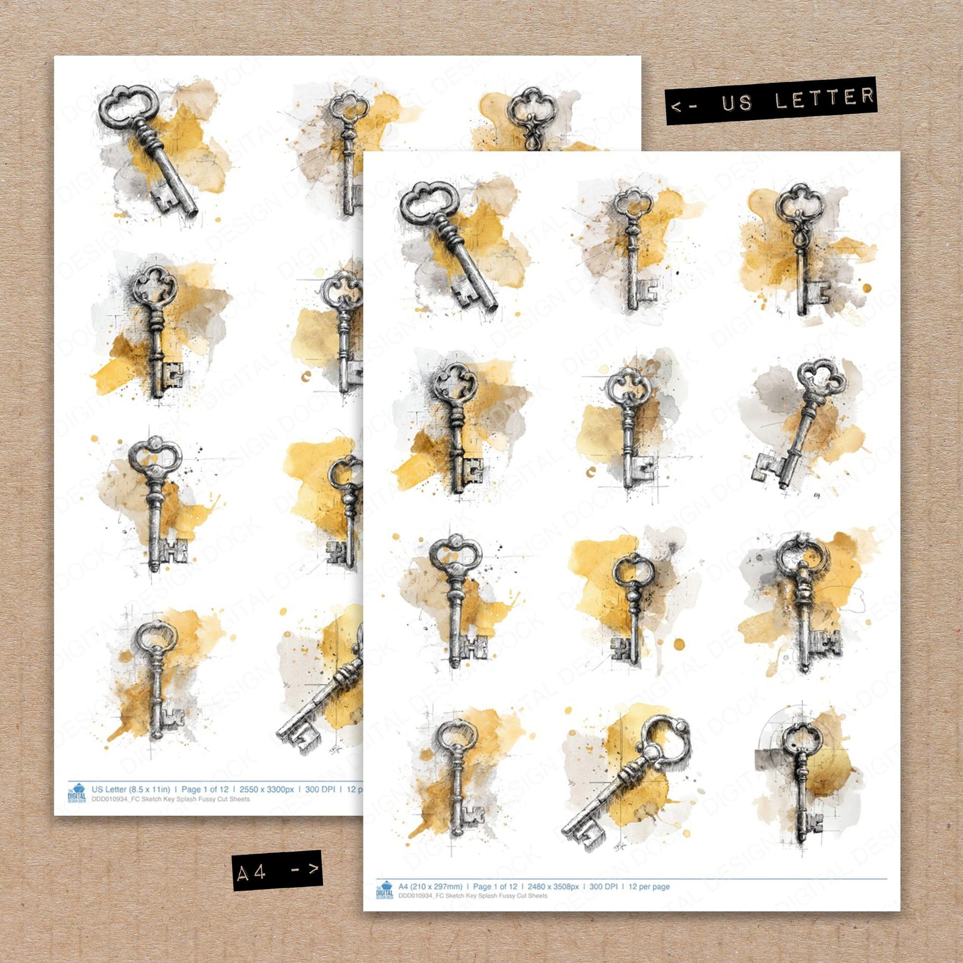 A4 and US Letter format comparison showing Sketch Key Splash fussy cut pages for print and cut crafting
